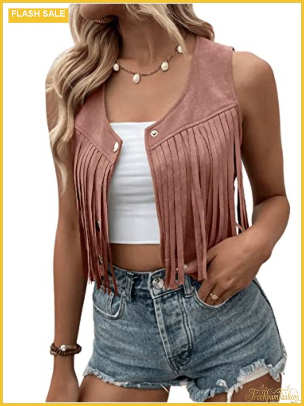 Suede Fringe Sleeveless Crop Vest Jacket Cowgirl Snap Button